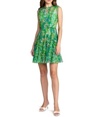 Mac Duggal Mesh Micro Ruffle High Neck Mini Dress - Green