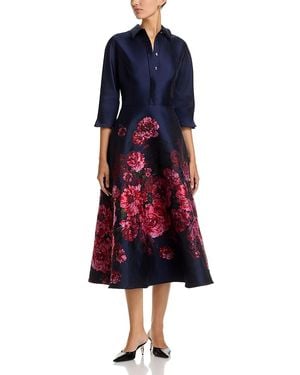 Teri Jon Jacquard Floral Shirt Waist Dress - Red