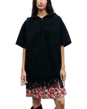 Gerard Darel Ady Hooded Fringe Hem Cape Coat - Black