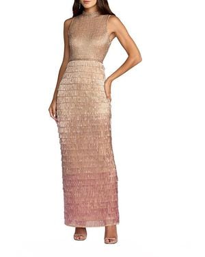 Mac Duggal Sleeveless Beaded Mock Neck Fringe Column Gown - Multicolor