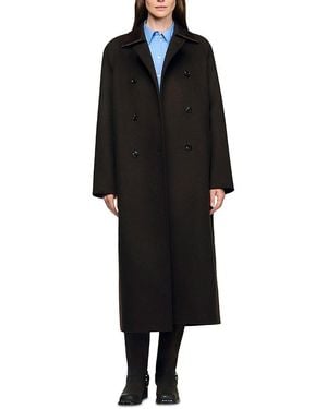 Sandro Long Wool And Leather Coat - Black