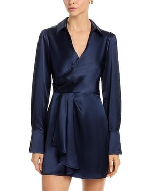 Aqua Long Sleeve Satin Wrap Mini Dress - Blue
