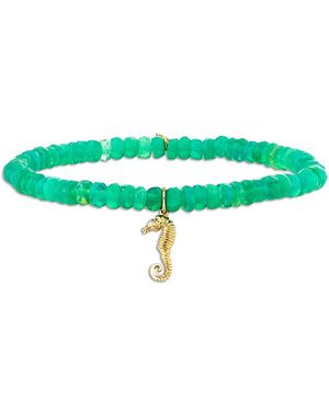 Sydney Evan 14K Diamond Seahorse Charm Jungle Ethiopian Opal Beaded Stretch Bracelet - Green
