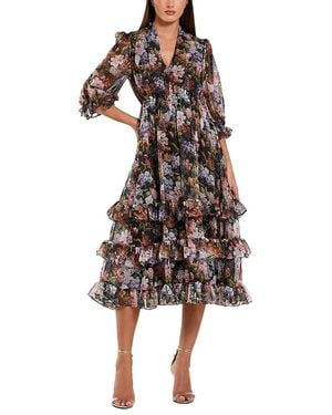 Mac Duggal Chiffon 3/4 Sleeve A Line Midi Dress With Ruffles - Multicolor