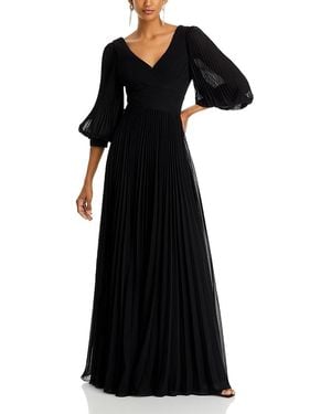 Teri Jon Chiffon Pleated V Neck Gown - Black