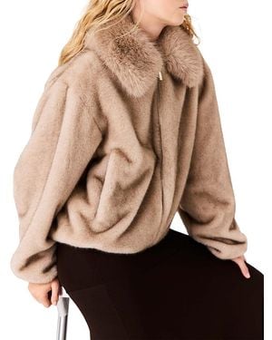Maje Faux Fur Zip Front Long Sleeve Jacket - Natural