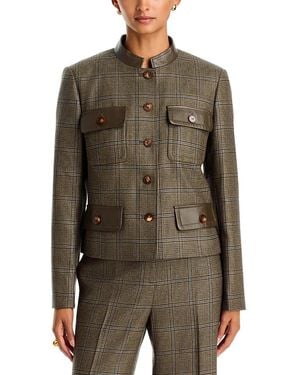 Lafayette 148 New York Leather Trim Wool Cropped Jacket - Green