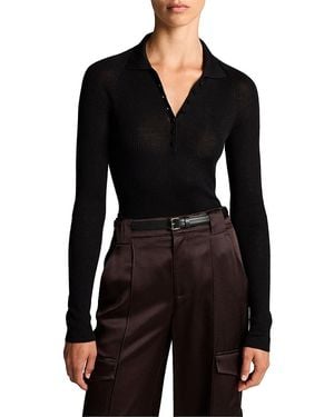 Vince Wool Silk Ribbed Raglan Polo Top - Black