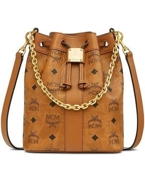 MCM Dessau Small Visetos Leather Drawstring Bucket Bag - Brown
