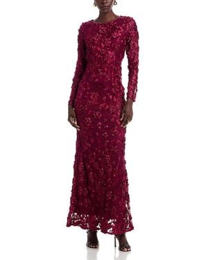 Aqua Long Sleeve 3D Floral Mesh Dress - Red