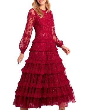Needle & Thread Blossom Long Sleeve Lace Ankle Gown - Red