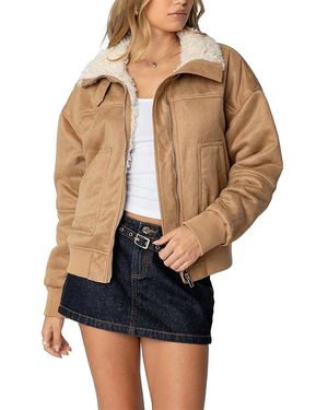 Edikted Faux Suede Shearling Bomber Jacket - Blue