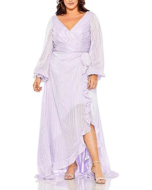 Mac Duggal Plus Striped Faux Wrap Bishop Sleeve Gown - White