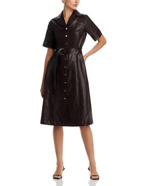Tahari Faux Leather Short Sleeve Button Down Fit & Flare Dress - Black