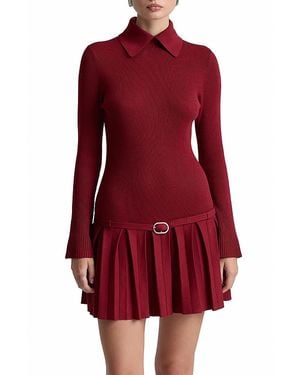 Avec Les Filles Belted Drop Waist Pleated Sweater Dress - Red