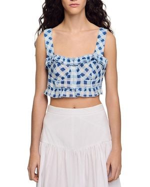 Sandro Josie Gingham Linen Blend Crop Top - Blue