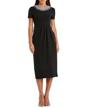 Mac Duggal Petite Short Sleeve Rhinestone Neckline Midi Dress - Black