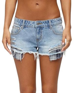 Edikted Catrine Plaid Pocket Denim Shorts - Blue