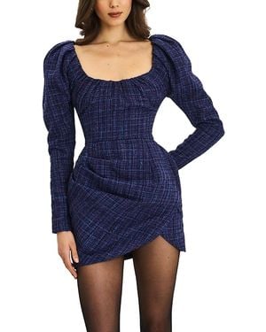 Miss Circle Denise Tweed Ruched Puff Sleeve Mini Dress - Blue