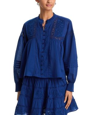 Aqua Embroidered Pintucked Blouse - Blue