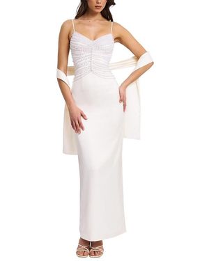 Miss Circle Karmen Faux Pearl Top Pencil Slip Gown With Scarf - White
