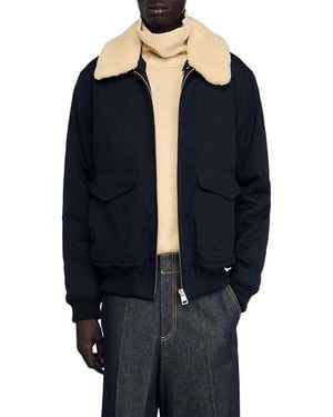 Sandro Shearling Collar Aviator Jacket - Blue