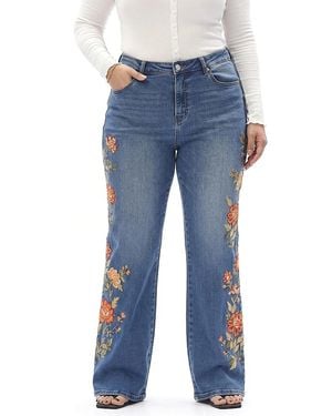 Bayeas Plus Floral Embroidery Wide Leg Jeans Classic Denim For - Blue