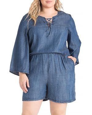 Standards & Practices Plus Bell Sleeve Lace Up Denim Romper - Blue