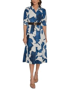 Donna Karan Printed Elbow Sleeve Belted Shirt Dress - Blue