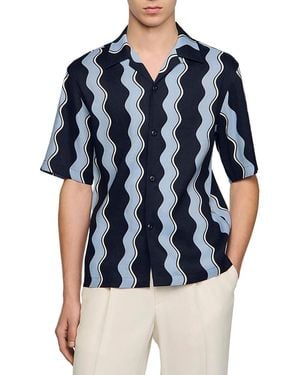 Sandro Ss26 Waves Printed Linen Shirt - Blue
