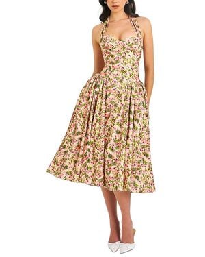 Miss Circle Niya Floral Print Linen Halter Corset Maxi Dress - Natural