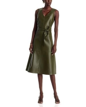 Tahari Faux Leather V Neck Midi Dress - Green