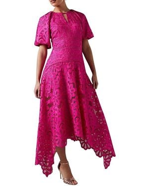 Coast Lace Hanky Hem Puff Sleeve Dress - Pink