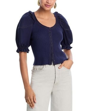 Aqua Mixed Media Puff Sleeve Top - Blue