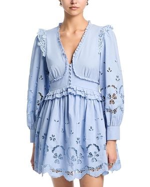 Aqua Embroidered Poplin Long Sleeve Mini Dress - Blue