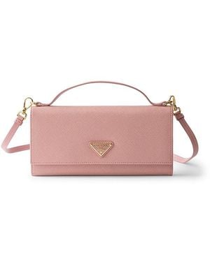 Prada Saffiano Leather Wallet With Shoulder Strap - Pink