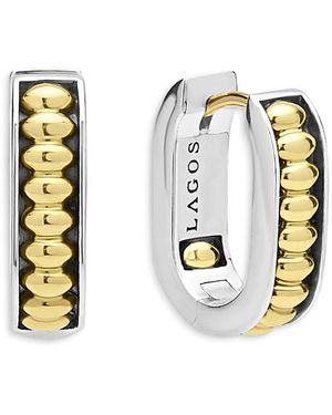 Lagos 18K & Sterling Signature Caviar Diamond Huggie Hoop Earrings - White