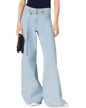 Maje High Rise Wide Leg Rhinestone Jeans - Blue