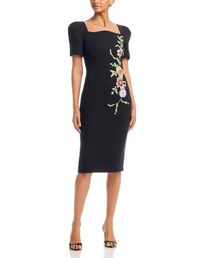 Teri Jon Stretch Crepe Short Puff Sleeve Scalloped Dress - Black
