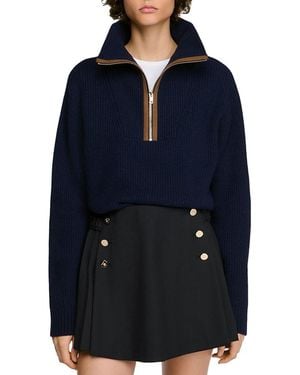 Sandro Mara Wool & Cashmere Half Zip Sweater - Blue