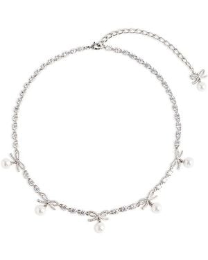 Self-Portrait Crystal Bow Imitation Pearl Charm Necklace, 16 - White