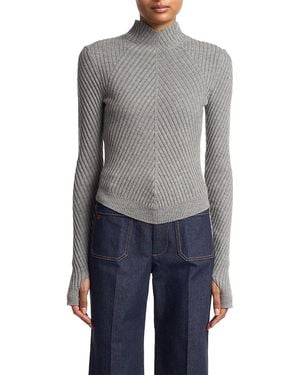 Victoria Beckham Merino Wool Ribbed Long Sleeve Top - Gray