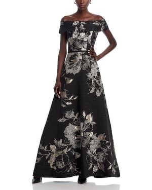 Teri Jon Off-The-Shoulder Metallic Floral Jacquard Gown - Black