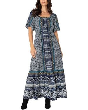 Liverpool Los Angeles Printed Square Neck Elbow Sleeve Maxi Dress - Blue