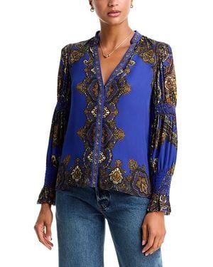 Alice + Olivia Ilan Printed Button Front Blouse - Blue