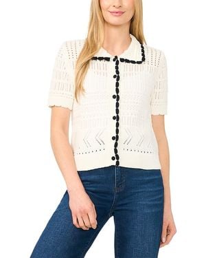 Cece Collared Short Sleeve Pointelle Cardigan - White