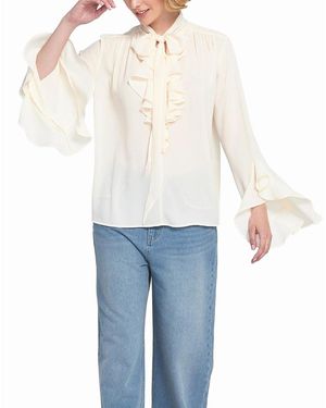 Elle Collection Flounce Trimmed Tie Neck Blouse - Blue