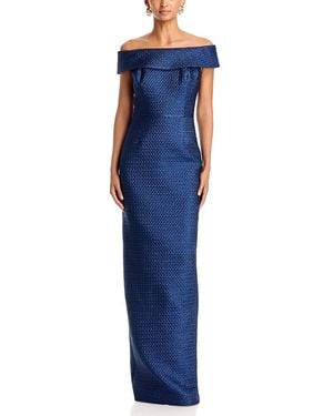 Teri Jon Basket Weave Jacquard Off-The-Shoulder Gown - Blue