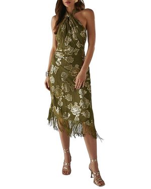 Warehouse Metallic Chiffon Wrap Front Midi Dress - Green