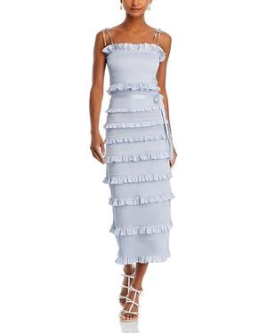V. Chapman Lily Smocked Floral Print Ruffle Trim Midi Dress - Blue